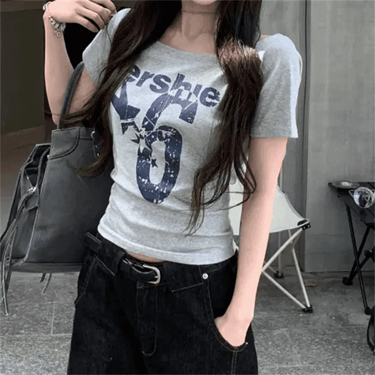 PAVEHAWK Y2K Off-Shoulder Letter Print Crop Top