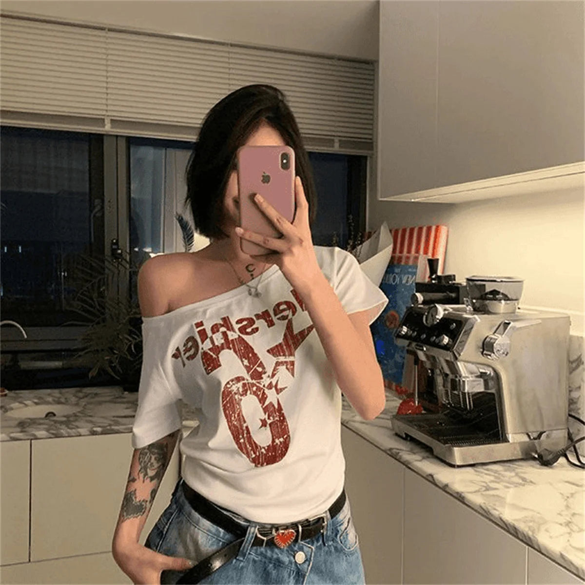 PAVEHAWK Y2K Off-Shoulder Letter Print Crop Top