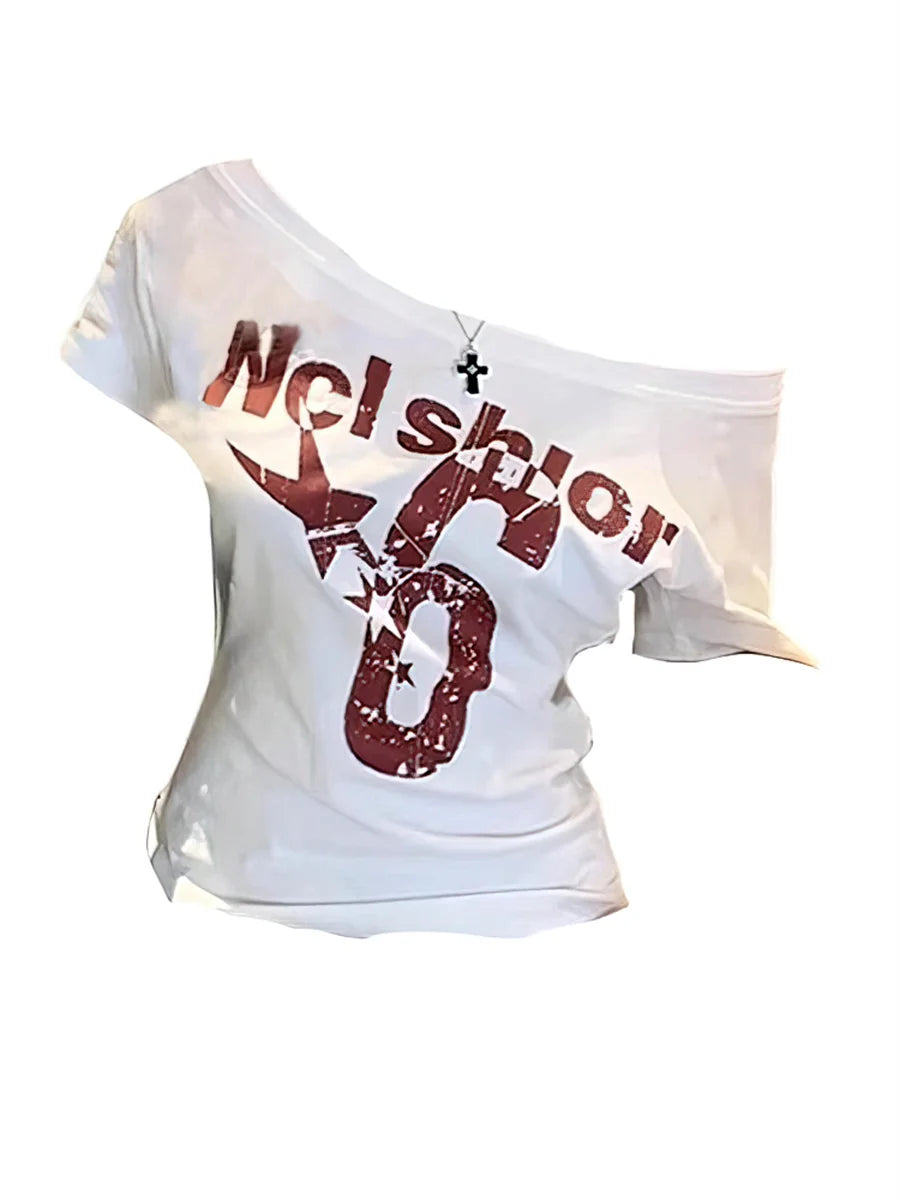 PAVEHAWK Y2K Off-Shoulder Letter Print Crop Top