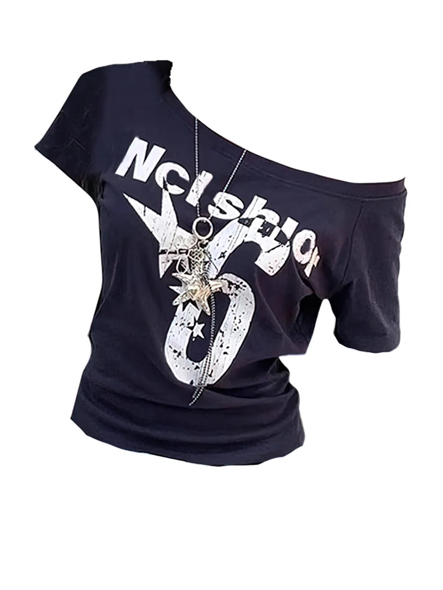 PAVEHAWK Y2K Off-Shoulder Letter Print Crop Top