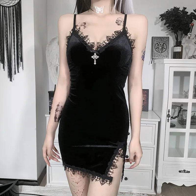 Dozw Dark Cross Mini Dress – Gothic Spaghetti Strap High Waist Party Club Dress for Women
