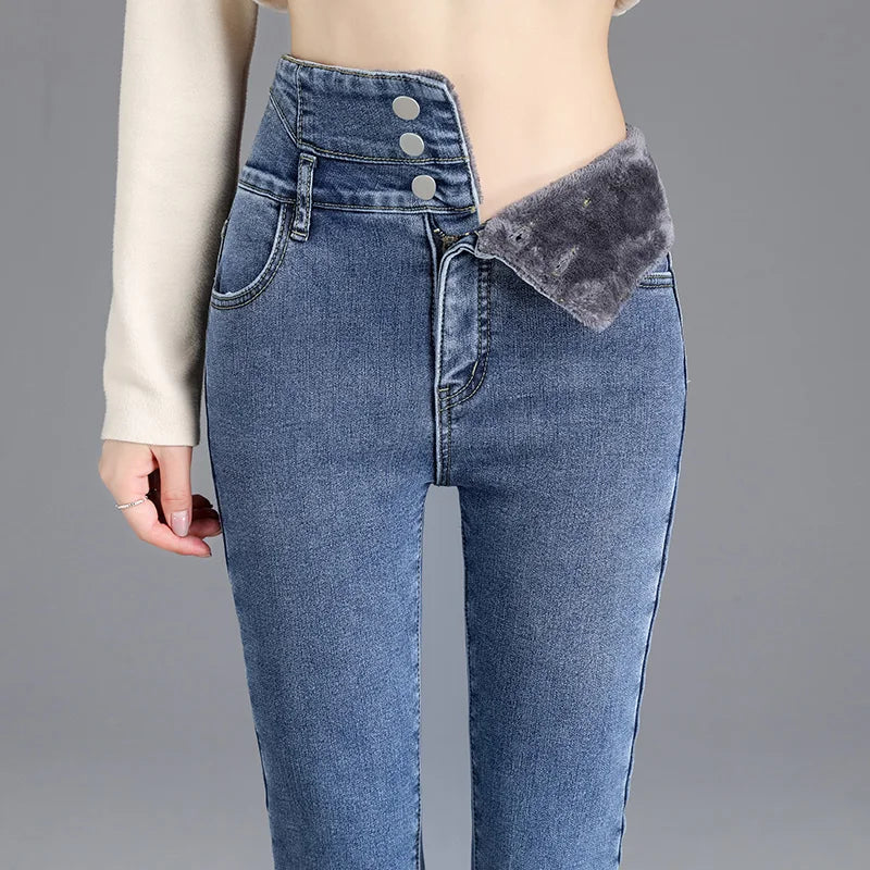 Women’s High-Waist Slim Pencil Jeans – Full-Length Stripe Stretch Denim