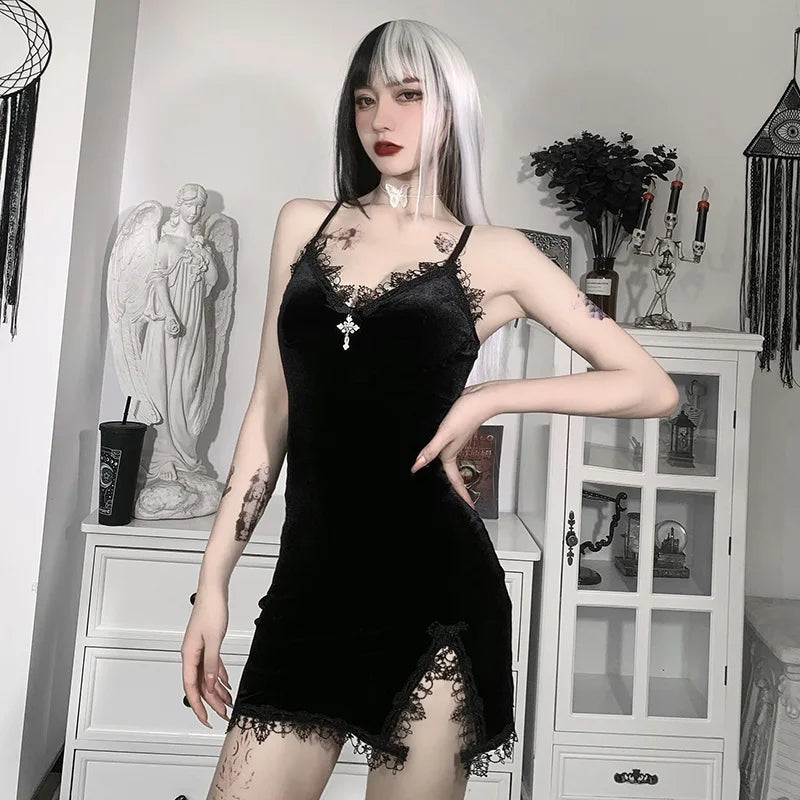 Dozw Dark Cross Mini Dress – Gothic Spaghetti Strap High Waist Party Club Dress for Women