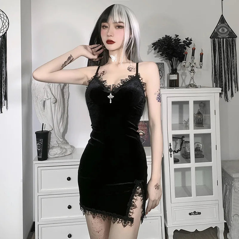 Dozw Dark Cross Mini Dress – Gothic Spaghetti Strap High Waist Party Club Dress for Women