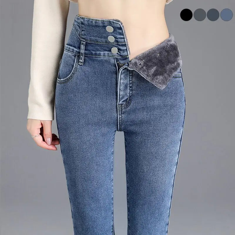 Women’s High-Waist Slim Pencil Jeans – Full-Length Stripe Stretch Denim