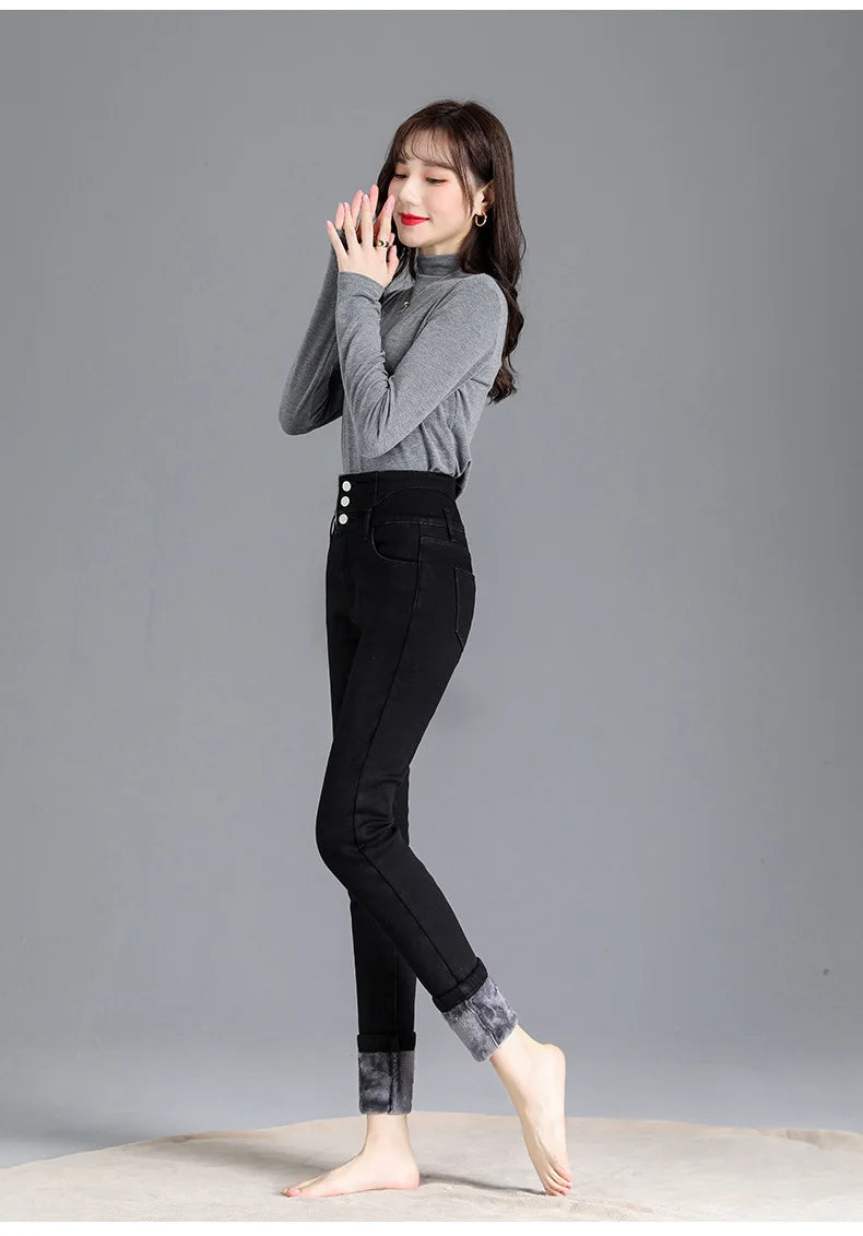 Women’s High-Waist Slim Pencil Jeans – Full-Length Stripe Stretch Denim