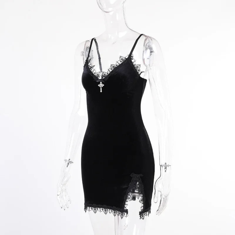 Dozw Dark Cross Mini Dress – Gothic Spaghetti Strap High Waist Party Club Dress for Women
