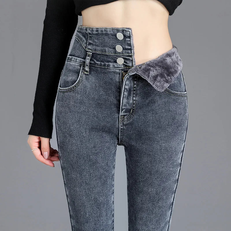 Women’s High-Waist Slim Pencil Jeans – Full-Length Stripe Stretch Denim