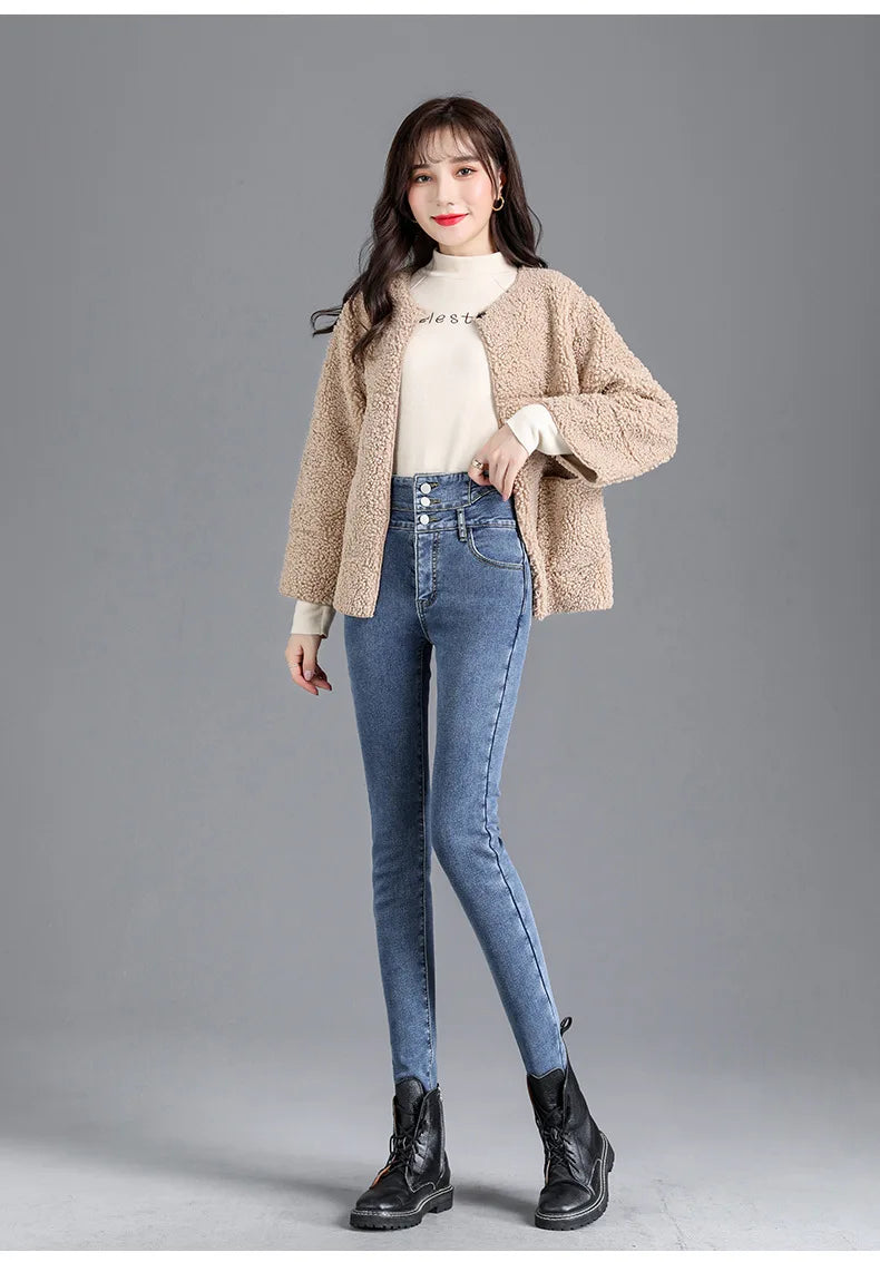 Women’s High-Waist Slim Pencil Jeans – Full-Length Stripe Stretch Denim