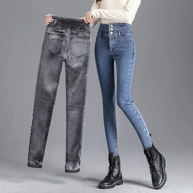 Women’s High-Waist Slim Pencil Jeans – Full-Length Stripe Stretch Denim