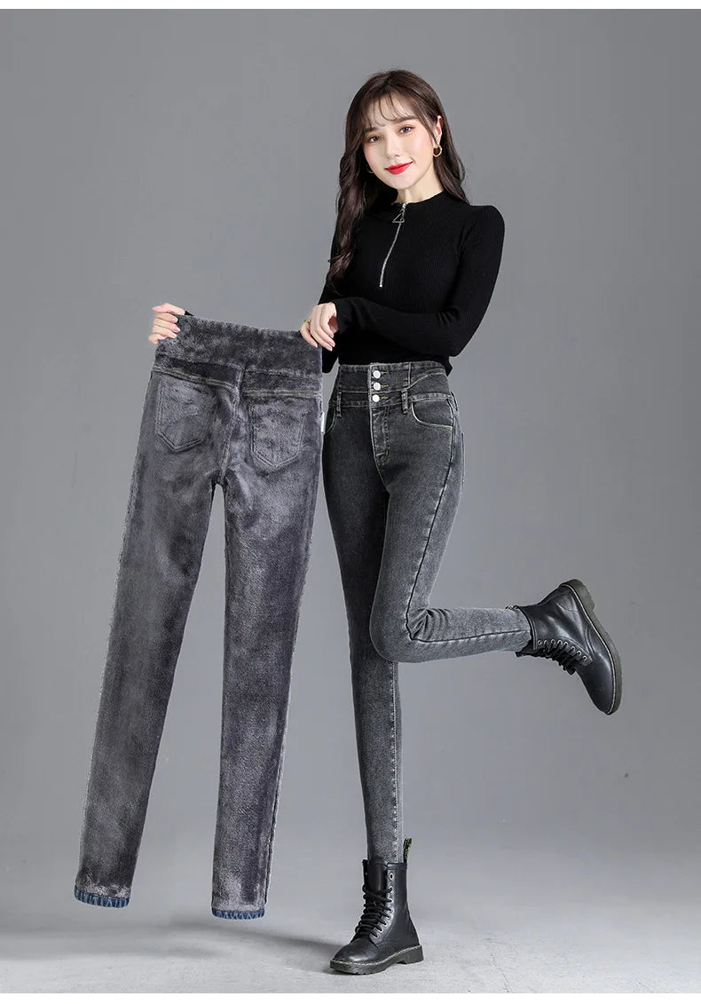 Women’s High-Waist Slim Pencil Jeans – Full-Length Stripe Stretch Denim