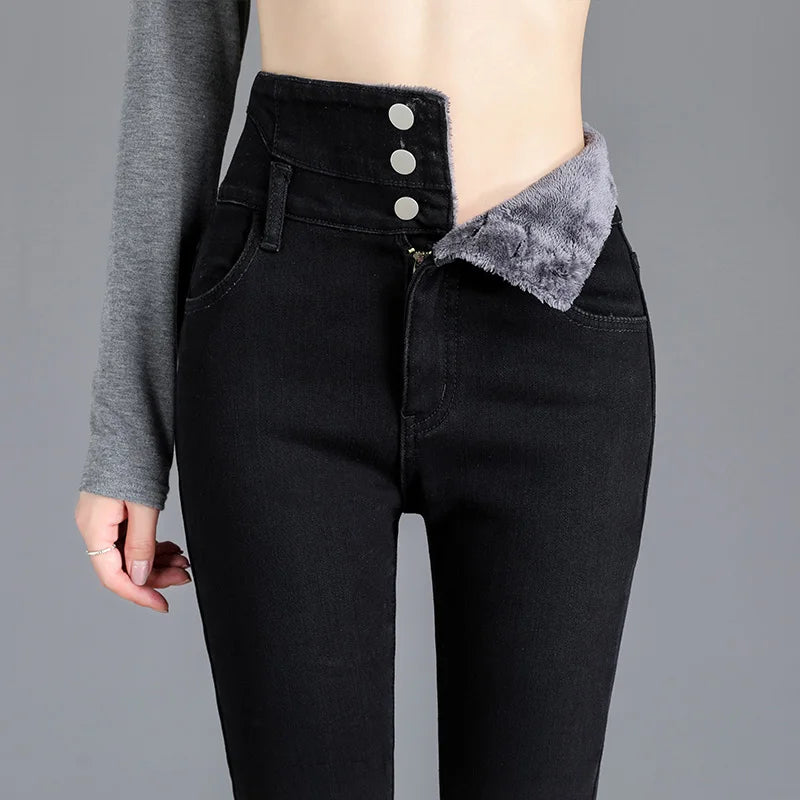 Women’s High-Waist Slim Pencil Jeans – Full-Length Stripe Stretch Denim