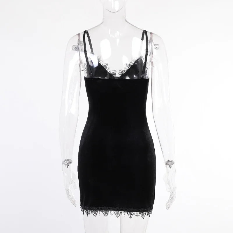 Dozw Dark Cross Mini Dress – Gothic Spaghetti Strap High Waist Party Club Dress for Women