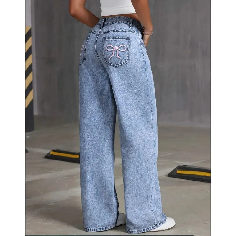 Women’s High-Waist Loose Ankle-Length Jeans with Bow Detail – Stretch Casual Denim Pants
