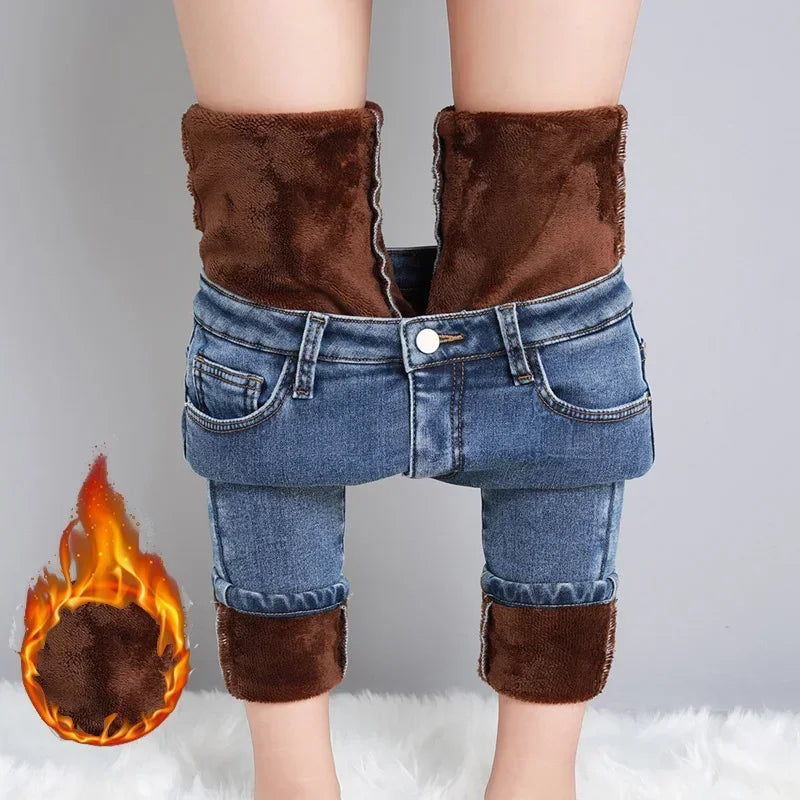 Women’s Mid-Waist Thick Skinny Jeans – Winter Stretch Pencil Denim Pants