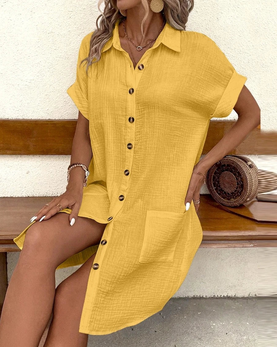 Vintage V-Neck Knee-Length Cotton-Linen Dress for Women – Summer Casual
