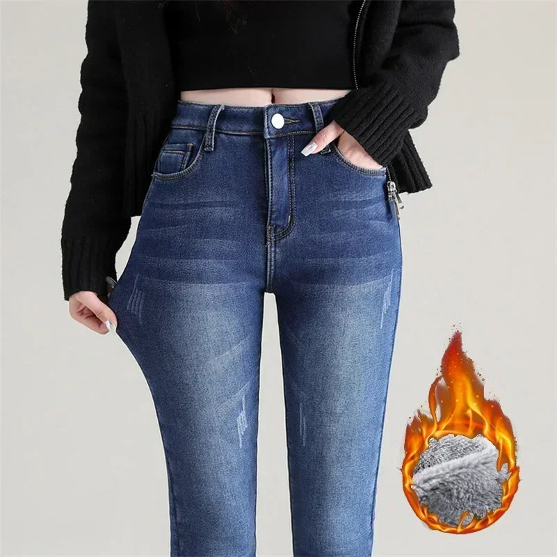 Women’s Winter Thermal Fleece Jeans – High Waist Warm Stretch Denim Pants