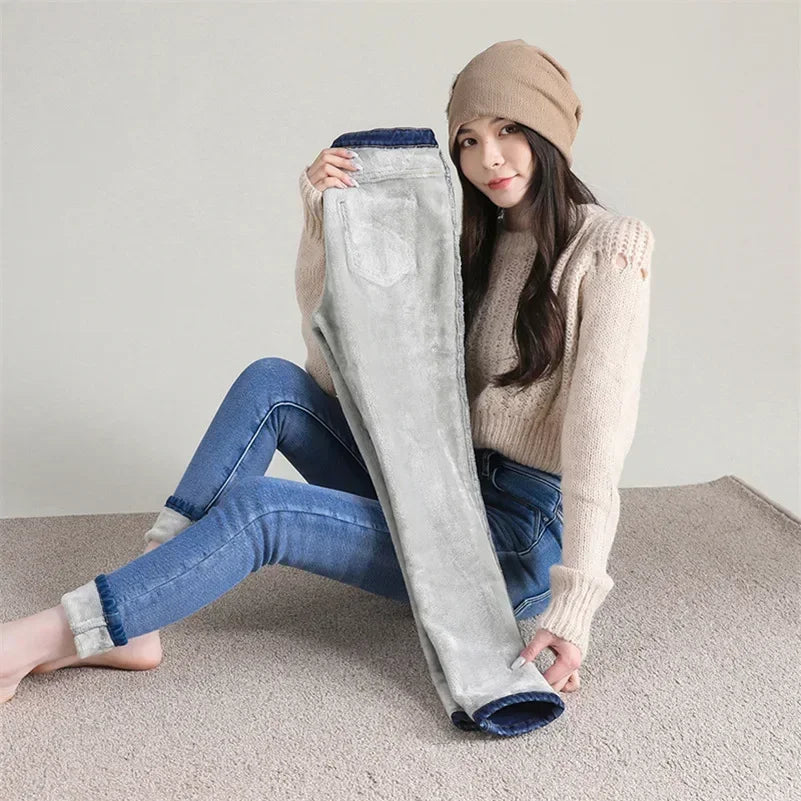 Women’s Winter Thermal Fleece Jeans – High Waist Warm Stretch Denim Pants