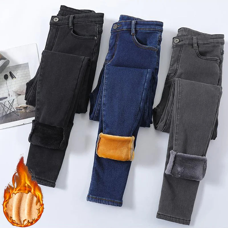 Women’s Winter Thermal Fleece Jeans – High Waist Warm Stretch Denim Pants
