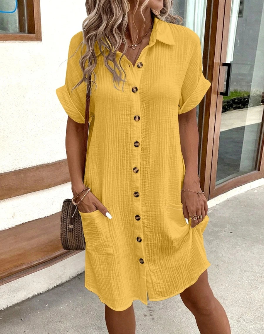 Vintage V-Neck Knee-Length Cotton-Linen Dress for Women – Summer Casual