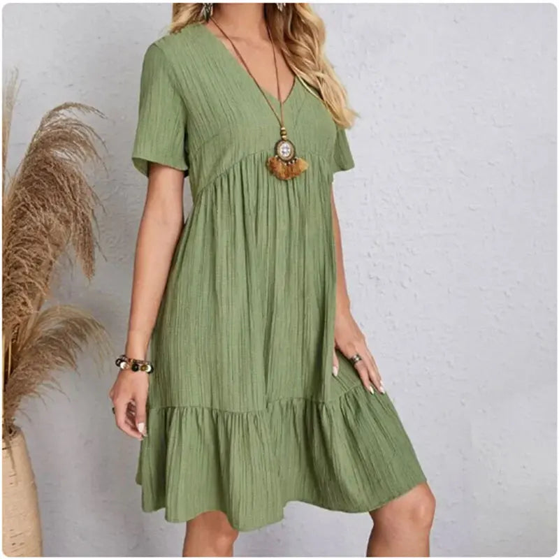 Mooyufon Summer Peplum Dress – V-Neck Short Sleeve Loose Fit Flare Dress