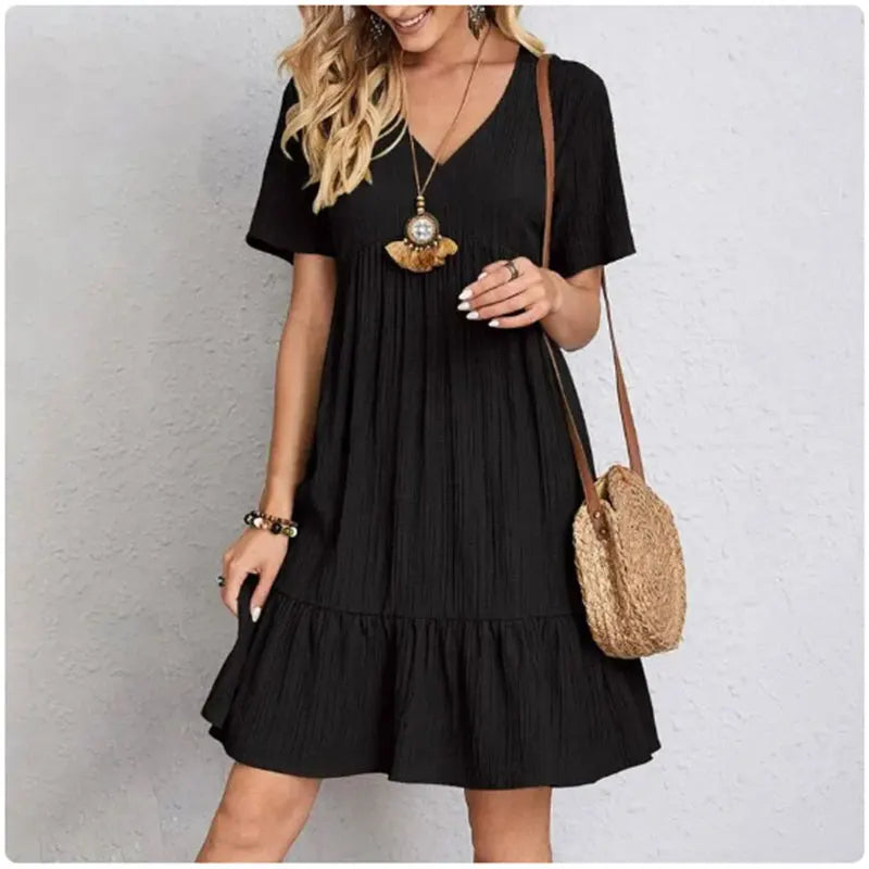 Mooyufon Summer Peplum Dress – V-Neck Short Sleeve Loose Fit Flare Dress