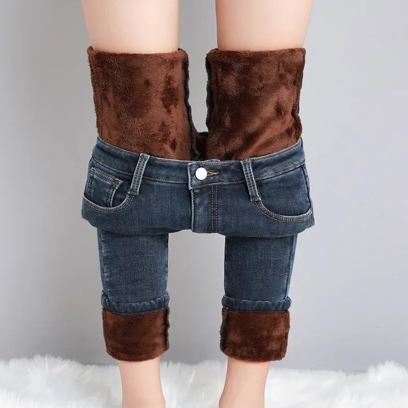 Women’s Mid-Waist Thick Skinny Jeans – Winter Stretch Pencil Denim Pants