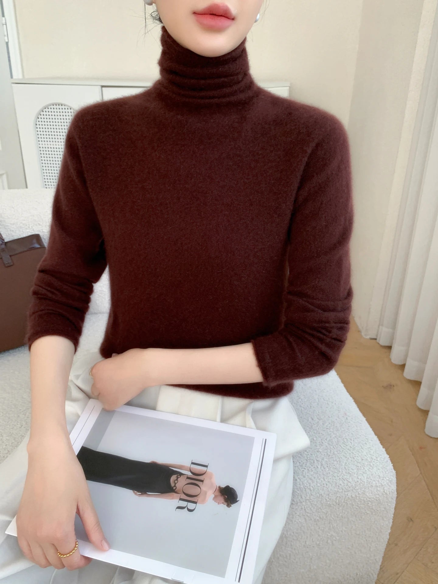 Autumn/Winter Women's 100% Pure Cashmere Sweater Casual Knit Pullover Turtleneck Slim Fit Tops Basic Pile Collar Jumper Female