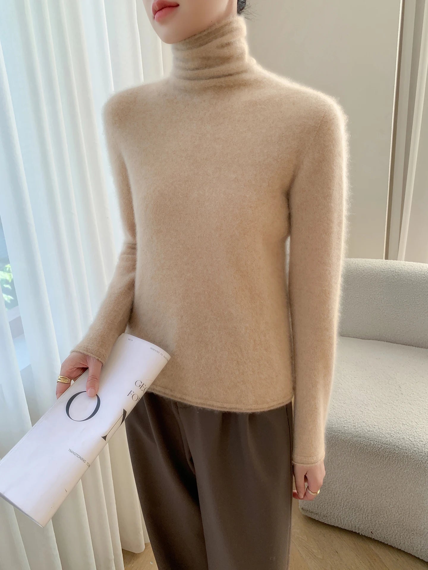 Autumn/Winter Women's 100% Pure Cashmere Sweater Casual Knit Pullover Turtleneck Slim Fit Tops Basic Pile Collar Jumper Female