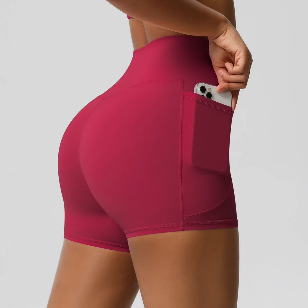 Rooftrellen High-Waist Pocketed Sports Shorts for Women – Quick-Dry Fitness Leggings