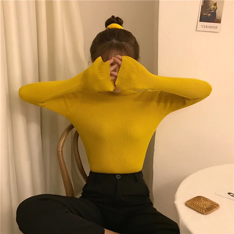 Women Heap Turtleneck Autumn Winter Sweater New Fashion Pullover Elastic Knit Ladies Jumper Casual Solid Soft Female Basic Tops