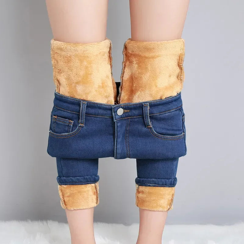 Women’s Mid-Waist Thick Skinny Jeans – Winter Stretch Pencil Denim Pants