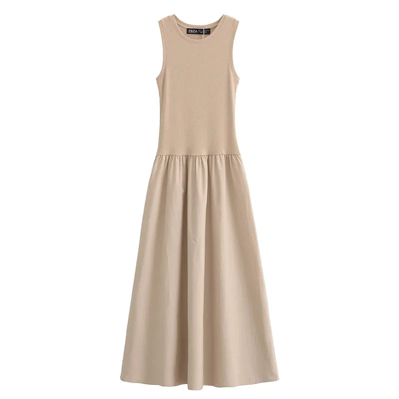 Women’s Sleeveless Patchwork Maxi Dress – Fit & Flare Ankle-Length Dress