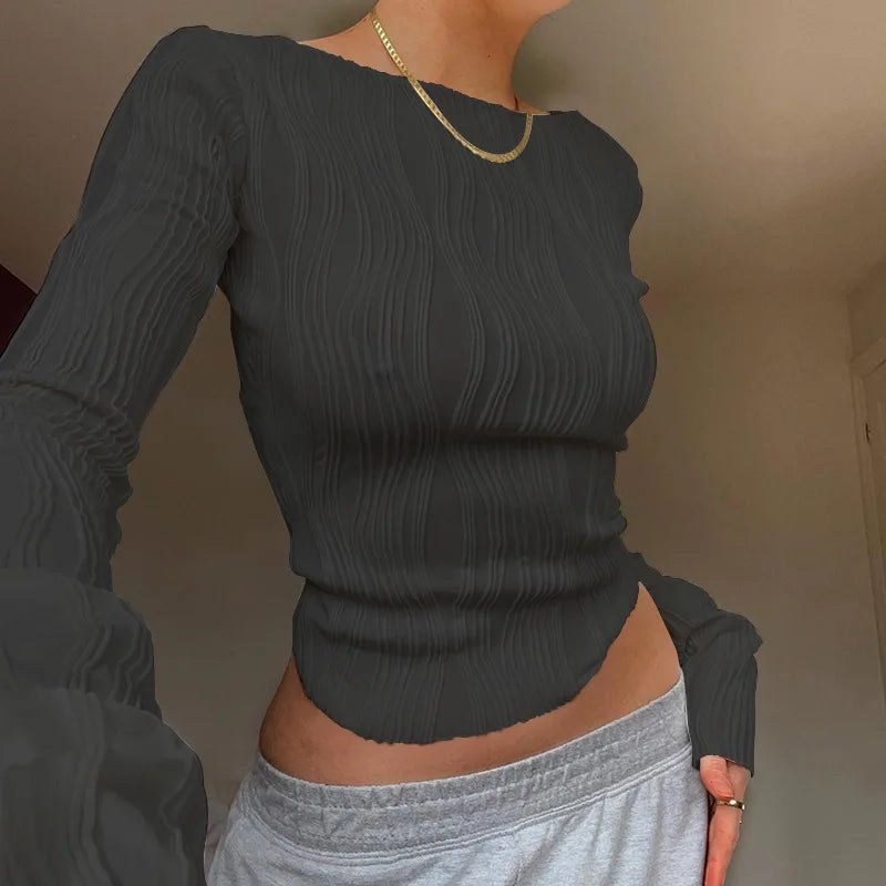Woman Fashion Casual Ruched Long Sleeve T-shirt Blouses Female White Skinny Cropped Bottoming Shirt 2026 Autumn Y2K Top Clothes