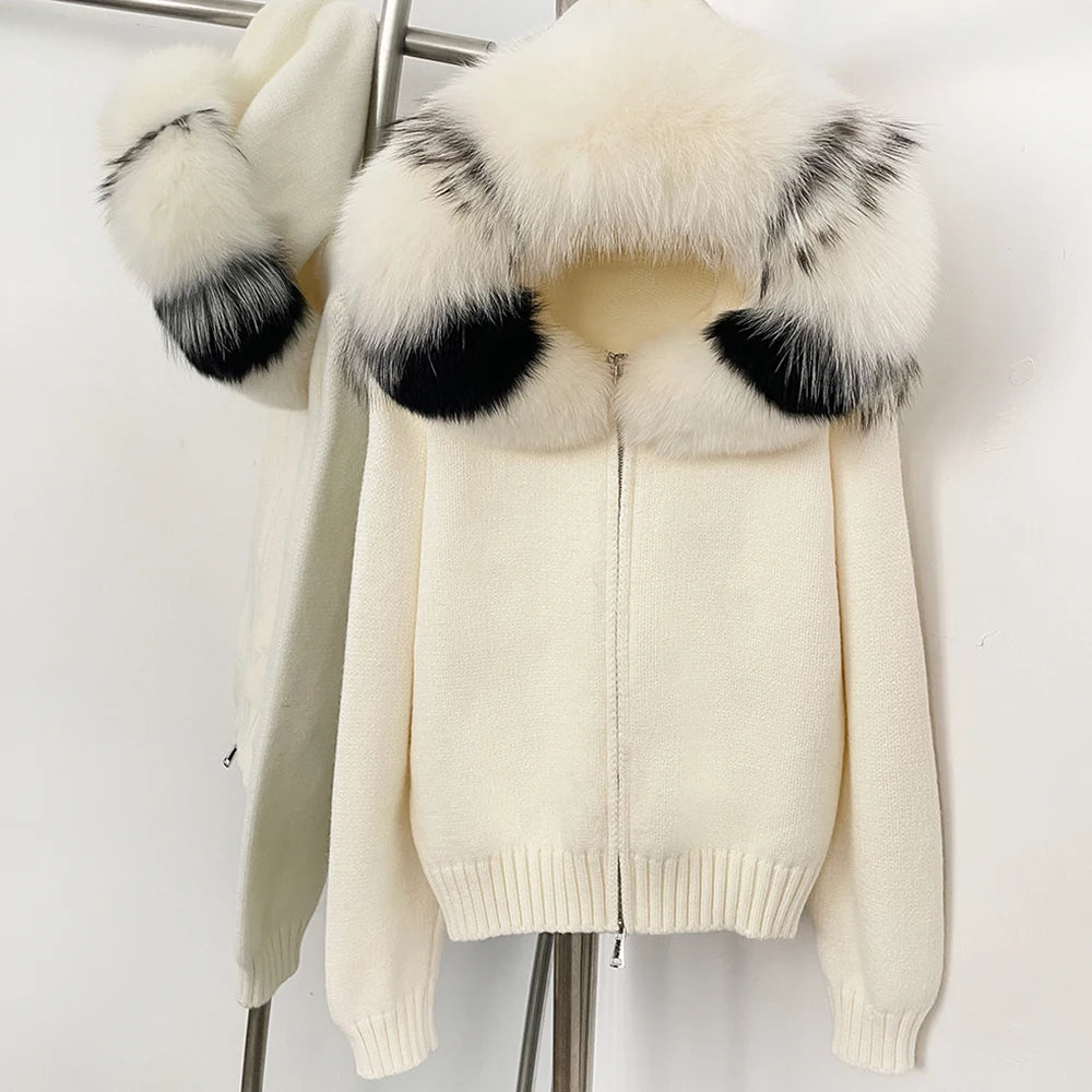 Knitwear Cardigan Women Spring Fashion Knitted Jacket Female Autumn Hooded Real Fox Fur Coat Natural Short Fur Coat Casual