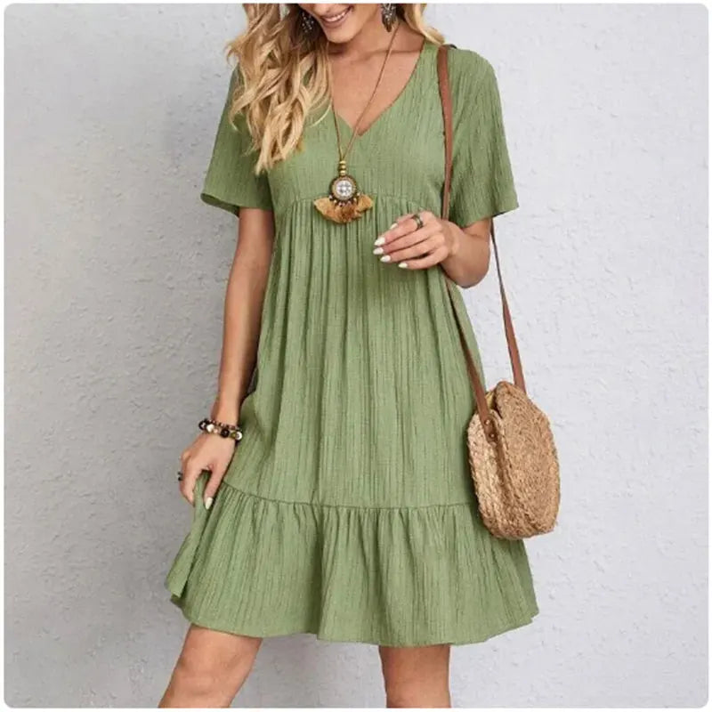 Mooyufon Summer Peplum Dress – V-Neck Short Sleeve Loose Fit Flare Dress