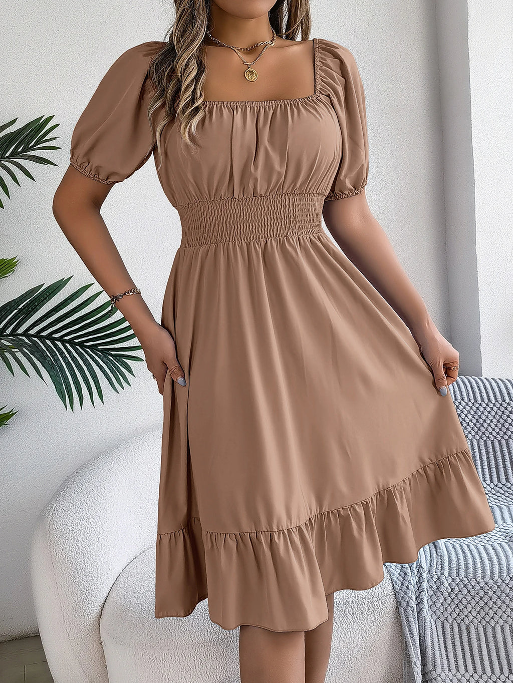 Spring and Summer Elegant High Waisted Dress Square Neck Short Sleeved Ruffled Edge Long Dresses for Women