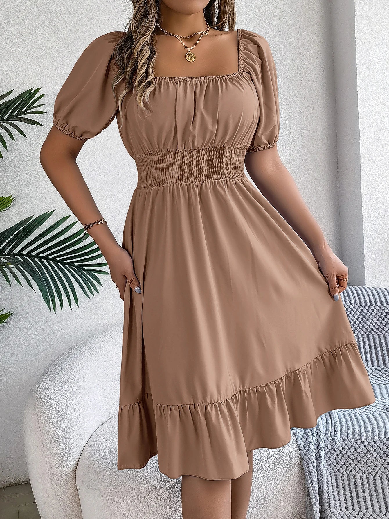 Spring and Summer Elegant High Waisted Dress Square Neck Short Sleeved Ruffled Edge Long Dresses for Women