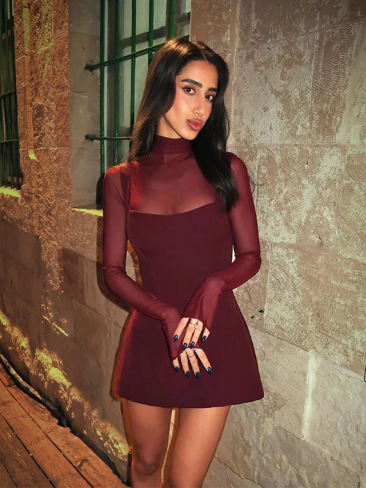 Huhugirl Mesh Patchwork Dresses For Women Fashion Sexy Streetwear Solid Full Sleeve Turtleneck Skinny Mini Vestidos Robes Female