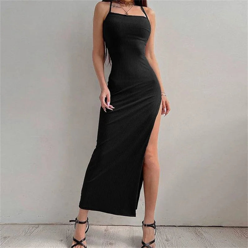 Dozw Black Sleeveless Halter Bodycon Dress with High Split for Women