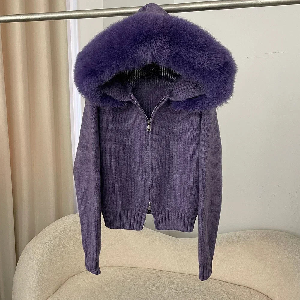 Knitwear Cardigan Women Spring Fashion Knitted Jacket Female Autumn Hooded Real Fox Fur Coat Natural Short Fur Coat Casual