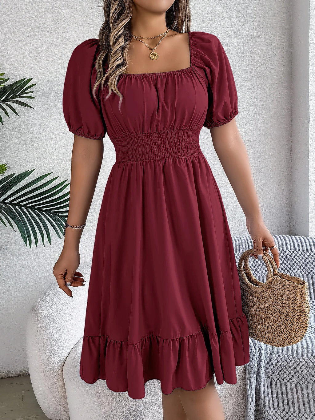 Spring and Summer Elegant High Waisted Dress Square Neck Short Sleeved Ruffled Edge Long Dresses for Women