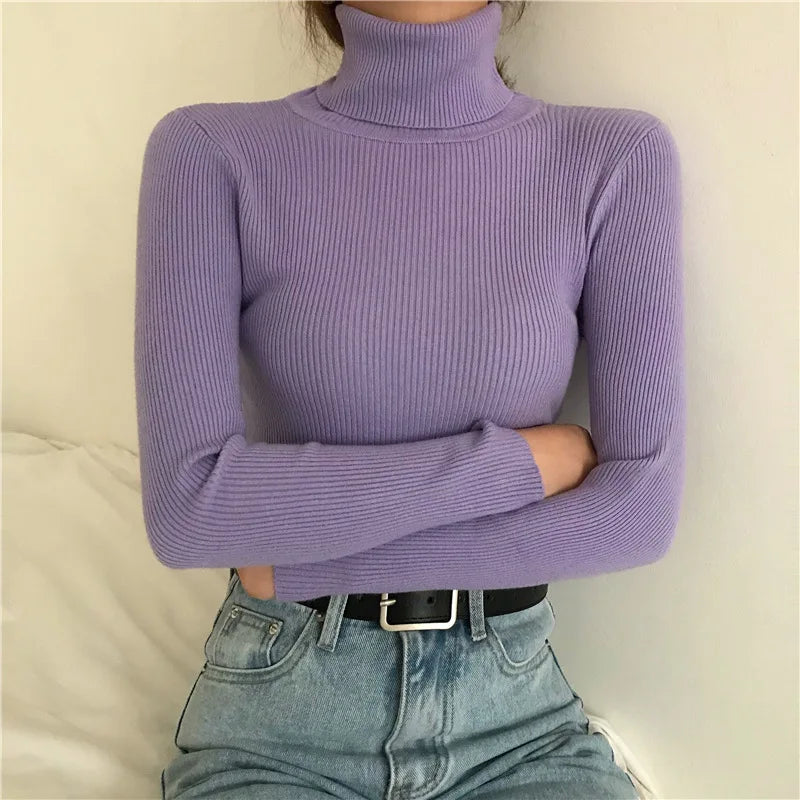 Women Heap Turtleneck Autumn Winter Sweater New Fashion Pullover Elastic Knit Ladies Jumper Casual Solid Soft Female Basic Tops