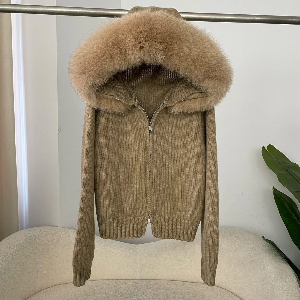 Knitwear Cardigan Women Spring Fashion Knitted Jacket Female Autumn Hooded Real Fox Fur Coat Natural Short Fur Coat Casual