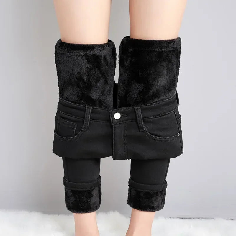 Women’s Winter Thermal Fleece Jeans – High Waist Warm Stretch Denim Pants