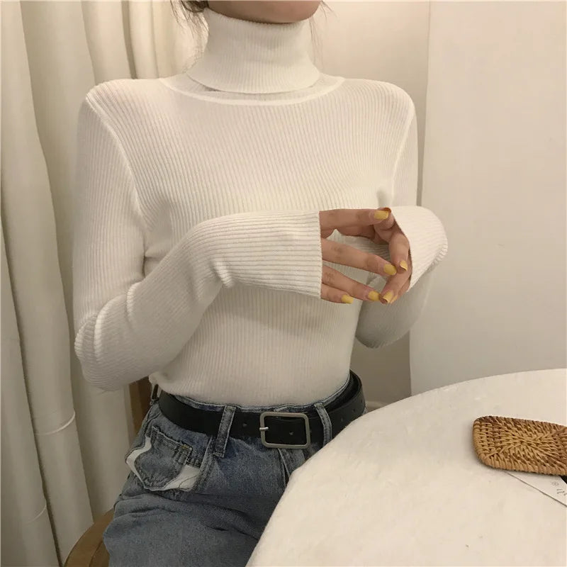 Women Heap Turtleneck Autumn Winter Sweater New Fashion Pullover Elastic Knit Ladies Jumper Casual Solid Soft Female Basic Tops