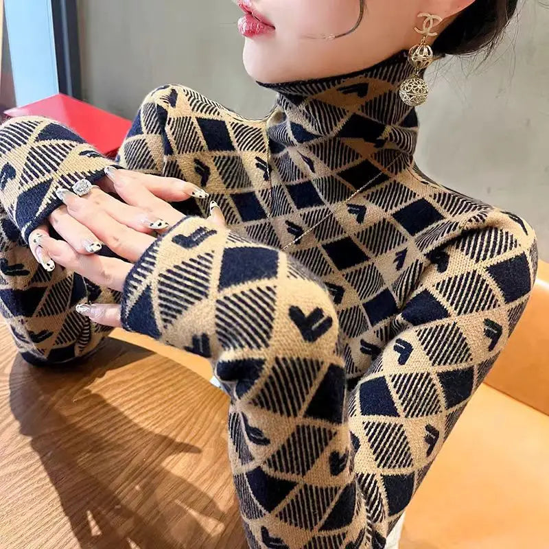 ChicAura Argyle Knit Turtleneck Pullover for Women
