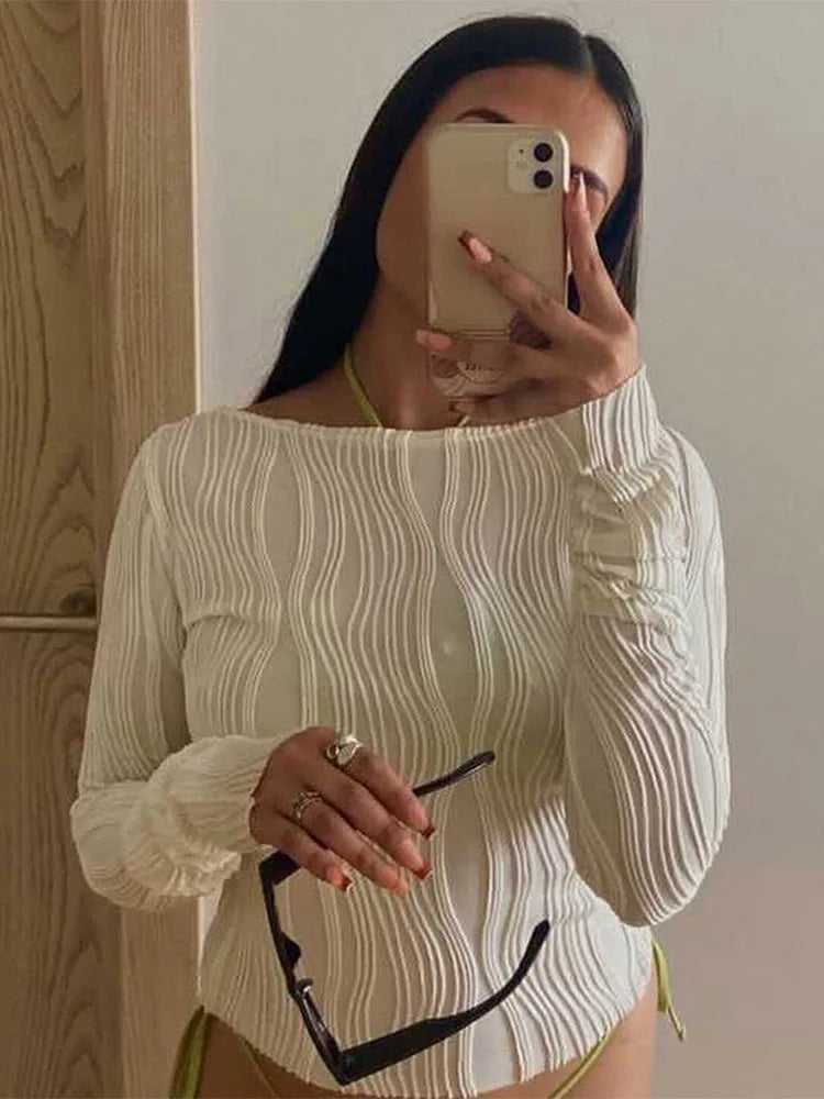 Woman Fashion Casual Ruched Long Sleeve T-shirt Blouses Female White Skinny Cropped Bottoming Shirt 2026 Autumn Y2K Top Clothes