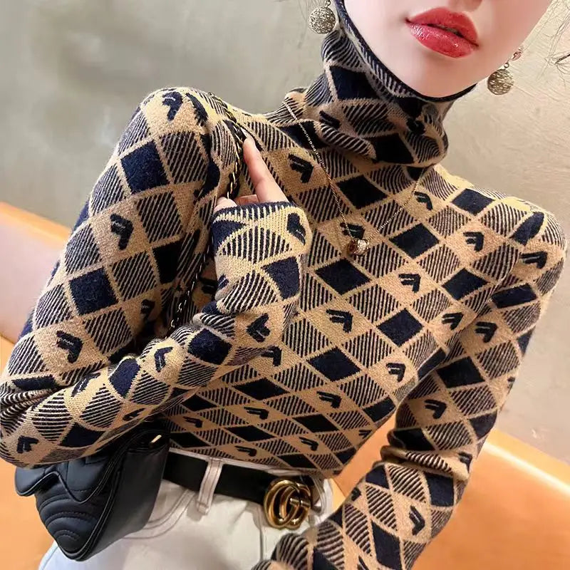 ChicAura Argyle Knit Turtleneck Pullover for Women
