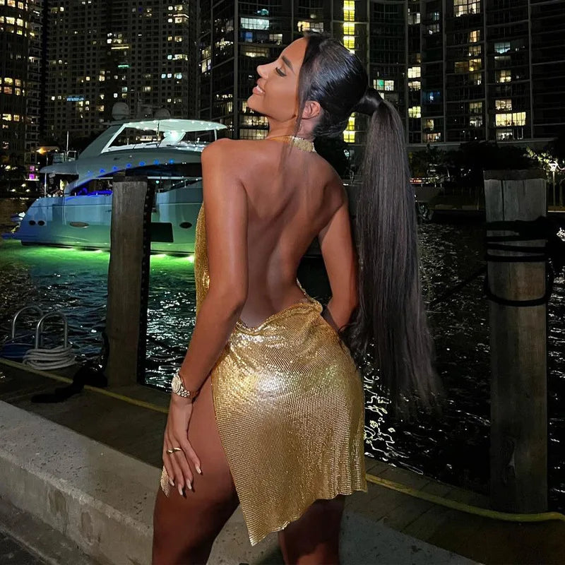 Sequin Halter Backless Mini Dress for Women – Summer Party Style